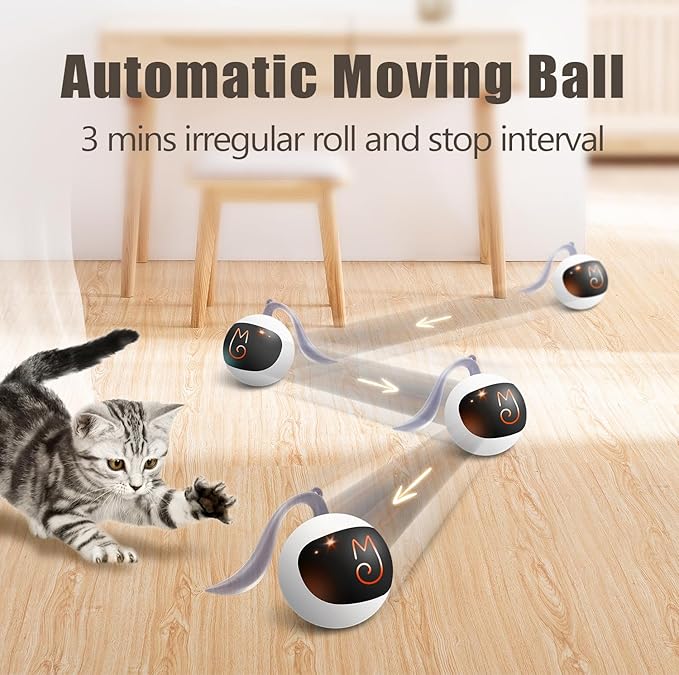 Migipaws Interactive Cat Ball Toy Set, Fun Tracker, Automatic Rolling Chase Ball with Fluffy Tail, A Small Mice, Rechargeable(White)