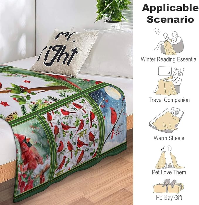 Cardinal Print Blanket Red Birds Memorial Throw Blankets Gifts for Couch Sofa Bed Stuff Decor Lightweight Soft Cozy Fleece Plush Warm Flannel Bedding for Lover Men Women Teen Adults 50"x60"
