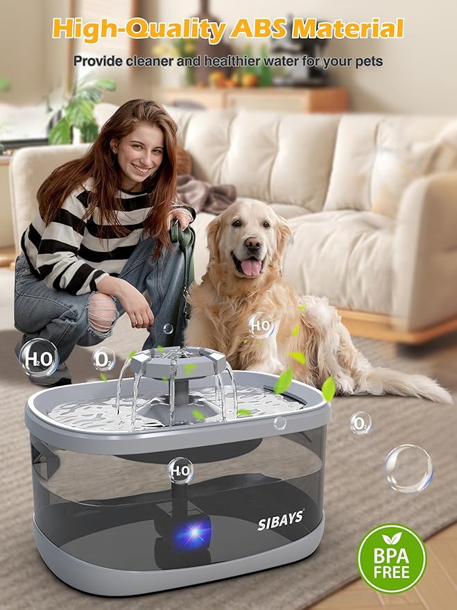 SIBAYS 2.5GAL/9.5L Dog Water Fountain for Large Dogs, 3 Flow Modes Large Pet Water Fountain for Cats, Automatic Dog Water Bowl Dispenser with 7" Large Filter & Smart LED Pump, Quiet, BPA-Free Material