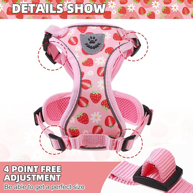 KOOLTAIL Cat Harness and Leash Set, Escape Proof for Safe Walking & Travel, Reflective Comfortable Easy Control Adjustable Kitten Harness for Boys&Girls Small Medium Large Cats Strawberry S