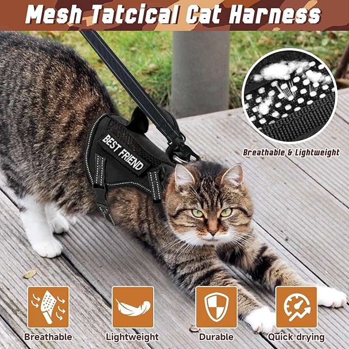 Tactical Cat Harness and Leash, Air Mesh Cat Walking Vest Harness Escape Proof, Reflective Large Cat Harnesses with Handle for Adult Fat Cats (ABlack, L)