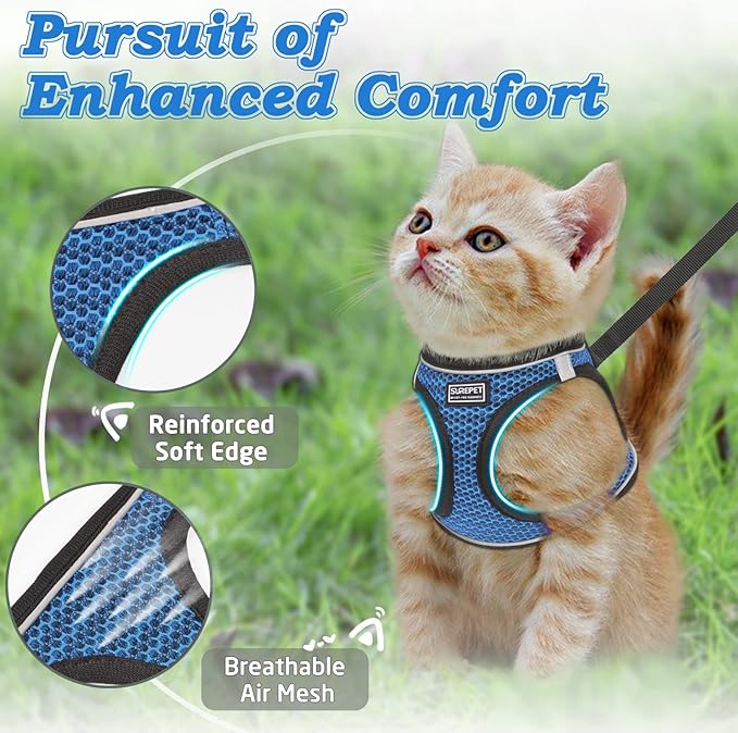 Cat Harness and Leash for Walking Escape Proof, Adjustable Kitten Vest Harness Reflective Soft Mesh Puppy Harness for Outdoor, Comfort Fit, Easy to Control (Blue, M)