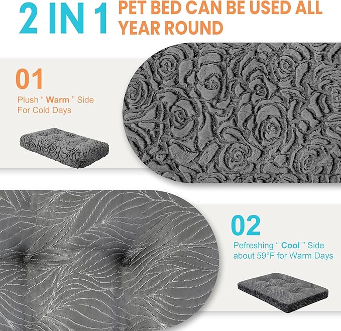 2 in 1 Dog Bed Crate Pad Mat Washable Reversible (Cool & Warm) Soft Fluffy Pet Kennel Beds for Large Medium Small Puppy Cat Sleeping Mattress Machine Wash Dog Cooling Mats (Dot Dark Grey, 29"*21")