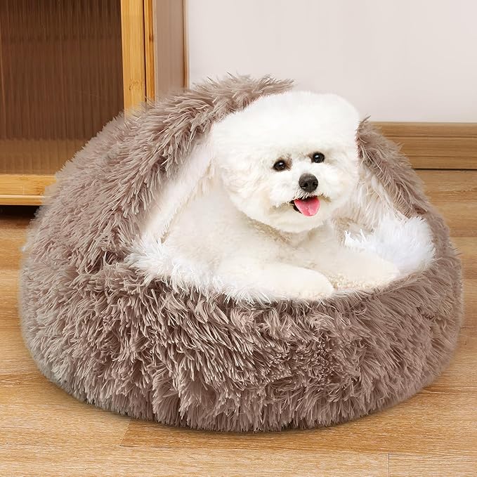 NOYAL Dog Bed Round Hooded Plush Cat Cave Donut Anti Anxiety Fluffy Dog Bed for Small Medium Dog and Cat