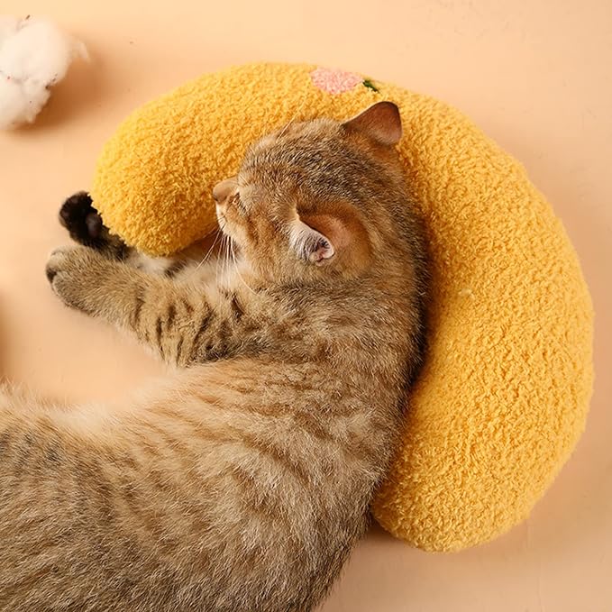 Cat Pillows for Indoor Cats, Soft Fluffy Dog Calming Pillow, Little Dog Pillows, U Shaped Half Donut Cuddler with Cute Embroidery, Washable Neck Protector Pillows for Small Dogs and Cats (yellow)