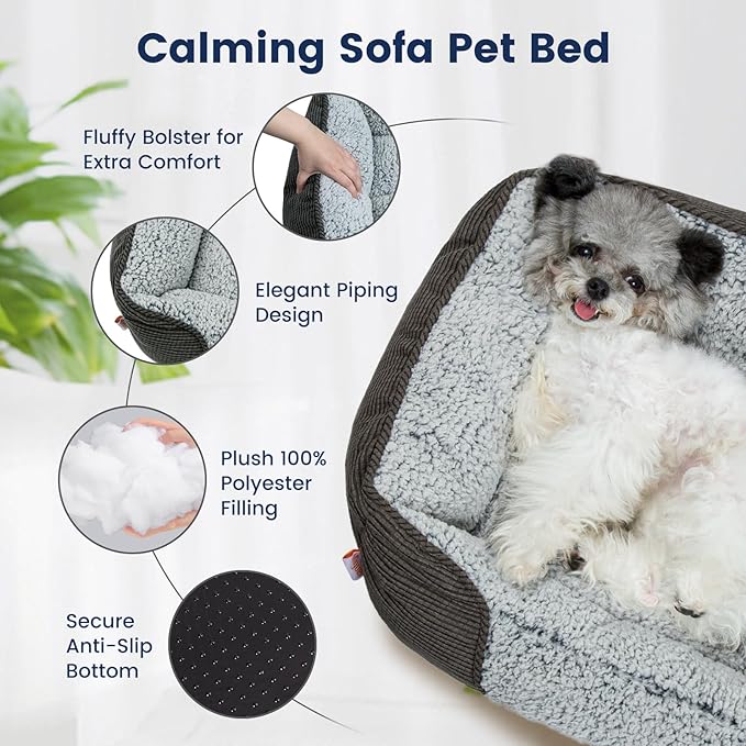 Miguel Washable Dog Bed with Removable Cushion for Medium Small Dogs, Easy to Wash Pet Sofa Bed with Side, Rectangle Bolster Cat Bed Calming Cuddle Puppy Bed with Anti-Slip Bottom, Gray 30 Inch