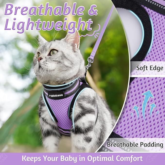 rabbitgoo Cat Harness and Leash Set for Walking Escape Proof, Adjustable Soft Kittens Vest with Reflective Strip for Cats, Comfortable Outdoor Vest, Light Purple, S