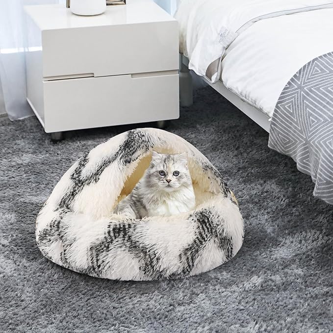 Round Hooded Cat Bed & Dog Bed with Cover Cave, Dog Bed for Small Dogs, Faux Fur Cuddler Round Coved Cat Bed Self Warming Donut Dog Bed Fits up to 12 lbs Pets (Grey White, 20inch x 20inch)