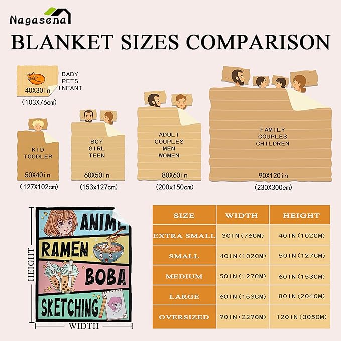 Anime Blanket Gifts for Girls Kawaii Anime Decor for Women Anime Ramen Boba Sketching Flannel Blanket Anime Lover Stuff, Luxurious Warm and Cozy for M 50X60 Inch for Teen/Travel