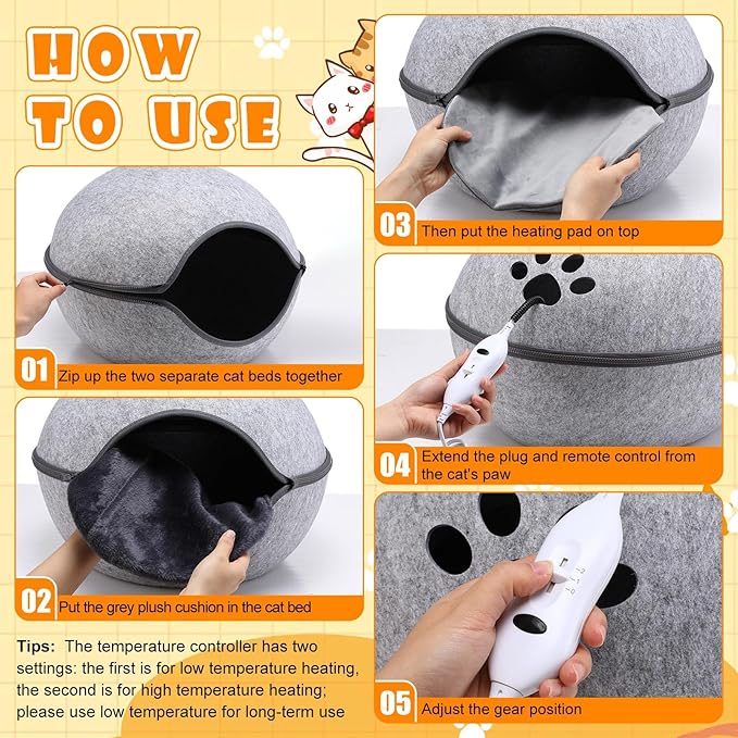 19.7 Inch Heated Cat Bed, Indoor Heated Cat Cave, Heated Cat Pad Cat Bed Warmer Thermal Pet Bed with Removable Waterproof Heater for Kitty Small Dogs Gray