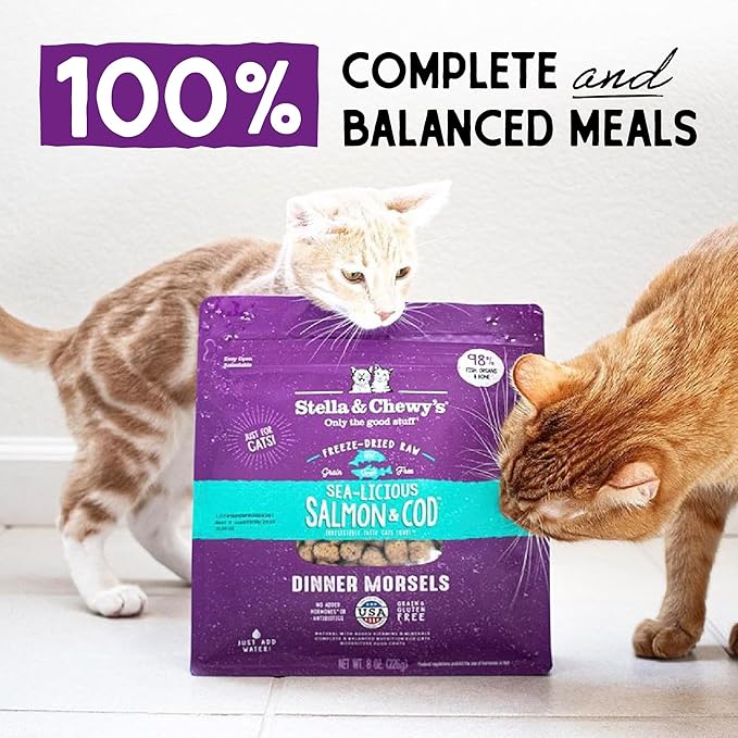 Stella & Chewy's Freeze-Dried Raw Cat Dinner Morsels – Grain Free, Protein Rich Cat & Kitten Food – Sealicious Salmon & Cod Recipe – 18 oz Bag