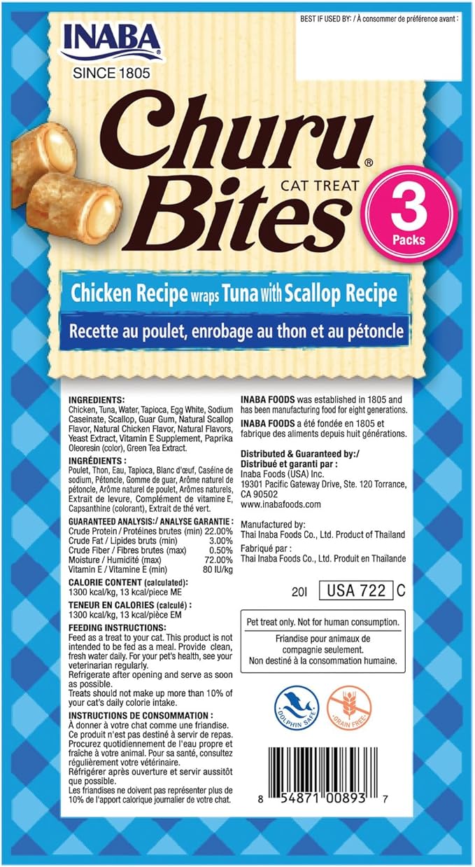 INABA Churu Bites for Cats, Soft Baked Chicken Churu Filled Cat Treats with Green Tea Extract, 0.35 Ounces Each Tube, 18 Tubes Total (3 per Pack), Tuna with Scallop Recipe