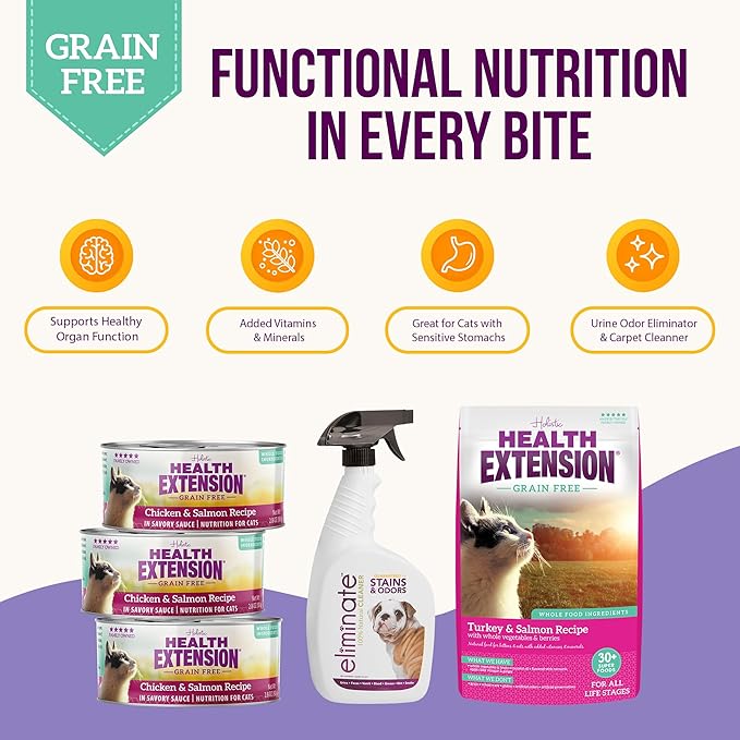 Health Extension Cat Health and Maintenance Bundle - Enzymatic Stain & Odor Remover (32 Oz), Wet Cat Food Canned Chicken & Salmon Recipe (2.8oz), Dry Cat Food Turkey & Salmon Recipe (15 Lbs)