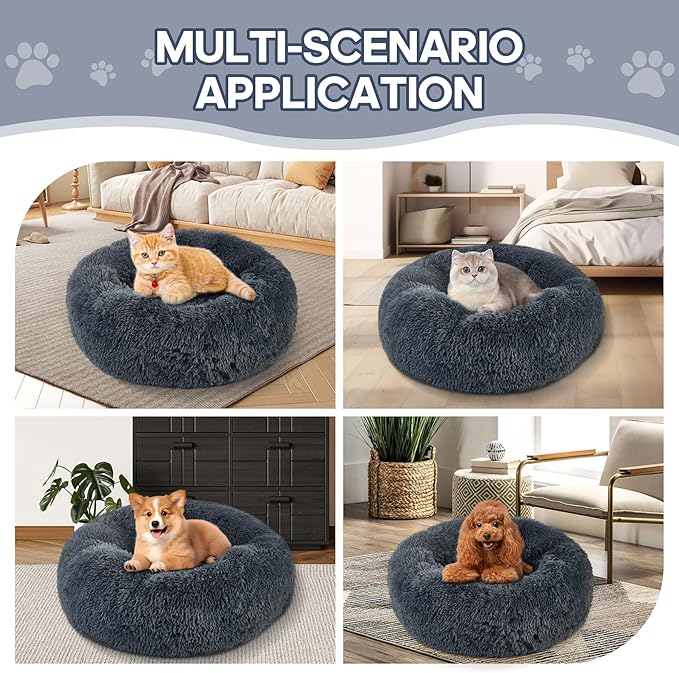 Calming Round Cute Cat & Dog Bed, Anti-Slip Washable Cozy Soft Round Pet Bed, Fluffy Faux Fur Plush Dog Cuddler Bed Fits up to 25 lbs Dogs and Cats(Donut Dark Grey, 24inch x 24inch)