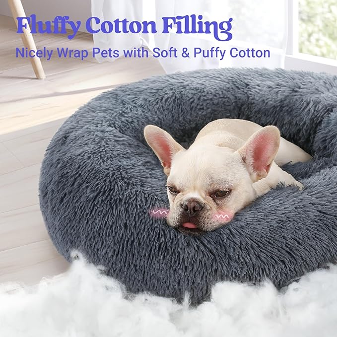 rabbitgoo Dog Bed for Small Dogs, 24 inches Washable Small Dog Bed, Fluffy Donut Dog Bed Anti-Slip, Calming Soft Plush Round Pet Bed for Dogs, Fits up to 18 lbs Pets, Dark Grey