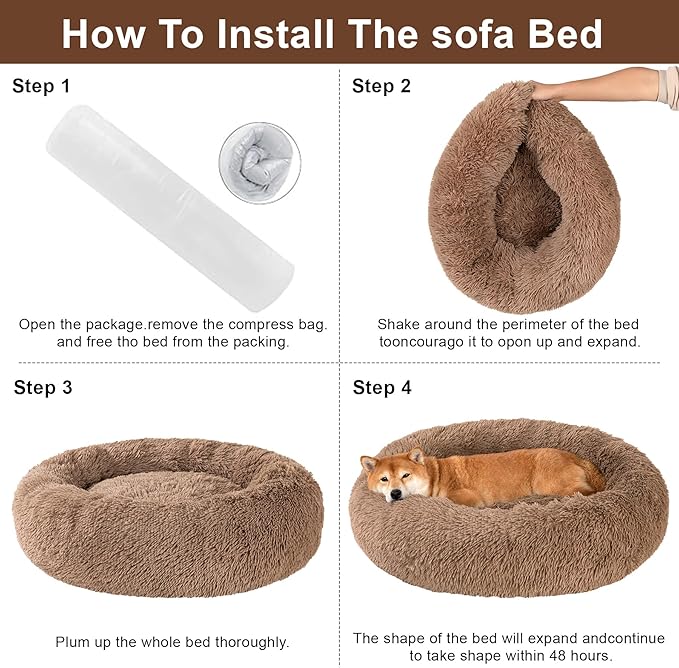 Dog Bed Calming Dog Beds for Small Medium Large Dogs - Round Donut Washable Puppy Dog Bed, Anti-Slip Faux Fur Fluffy Donut Cuddle Anxiety Cat Pet Bed(16'' Khaki