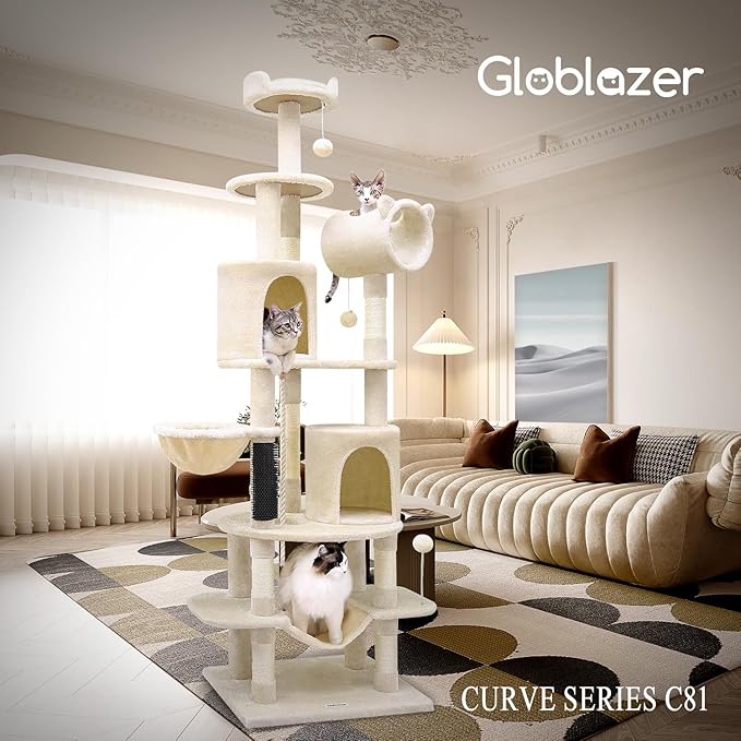 C81 Artistic Curved Cat Tower for Small Cats(Under 12 lbs), 81-inch Slim Design Cat Tree with Space-Saving Design, Indoor Cat Condo with Hammock & Tunnel, Beige, Non-Large Cats