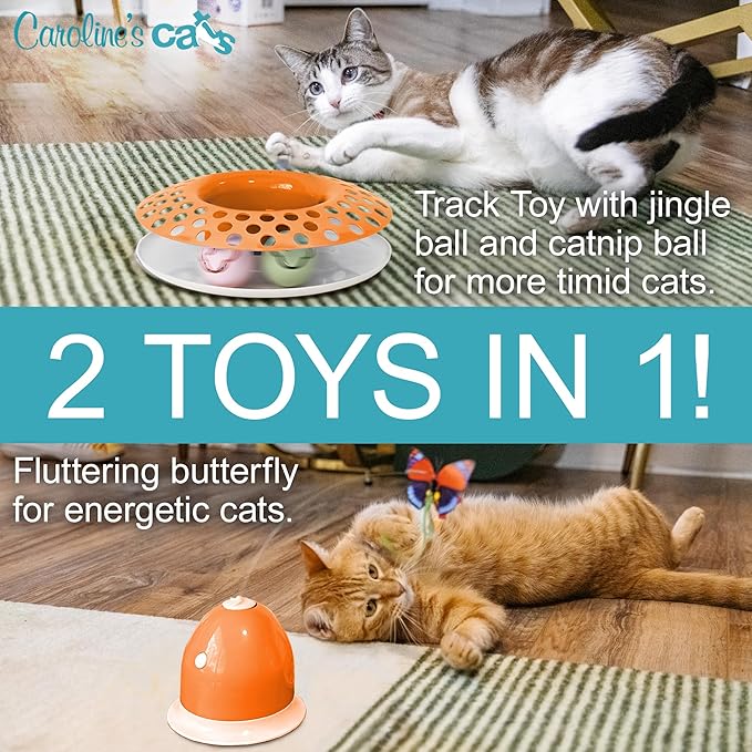 Caroline's Cats Automatic Butterfly Cat Toy – Interactive 2 in 1 with Auto Shut Off & Catnip Ball Track; Recommended Electric Exercise & Enrichment Game