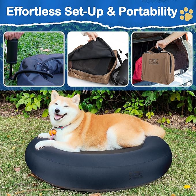 Elevated Dog Bed,Inflatable Dog Bed Raised,Pet Cushion Sofa for Medium Dogs,Portable Dog Cot Doughnut Round Stand,Waterproof Dog Bed Frame for Indoor,Outdoor(Blue)