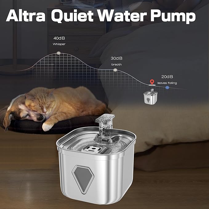 Cat Water Fountain Stainless Steel, Pet Water Fountain for Drinking, 2.2L/73oz Cat Fountain, Automatic Dog Water Dispenser, Water Level Window&3 Filters, Multiple Pet Fountain