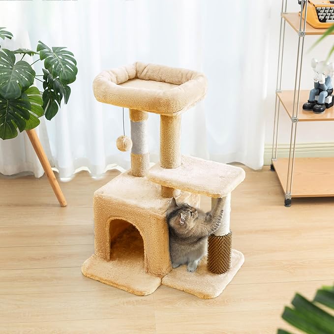 Pesofer Cat Tree, Small Cat Condo with Sisal Scratching Post and Massage Post Beige