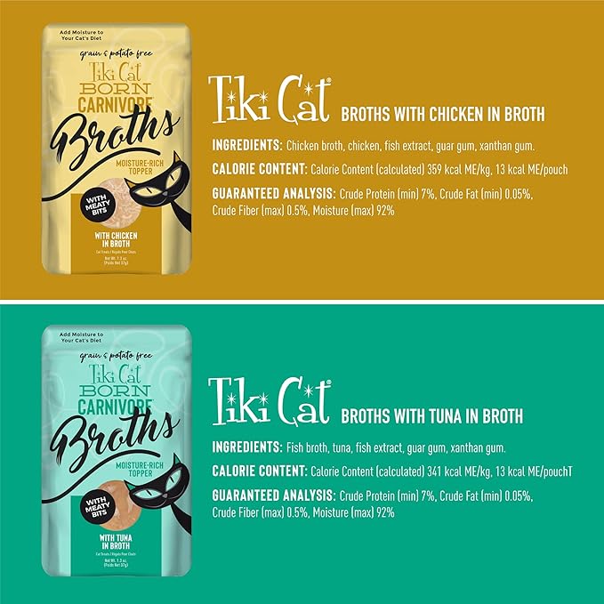 Tiki Cat Born Carnivore Broths Wet Cat Food Topper, Variety Pack 1.3 oz. Pouch (24 Count)