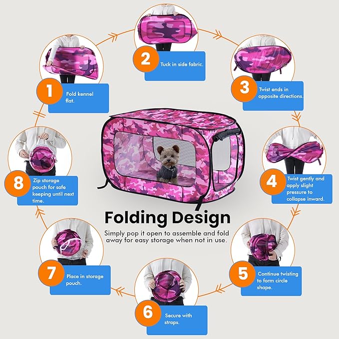 Beatrice Home Fashions Portable, Collapsible, Pop Up Kennel Travel Cat and Dog Crate, 24" L x 16.6" W x 16" H, Camo Pink