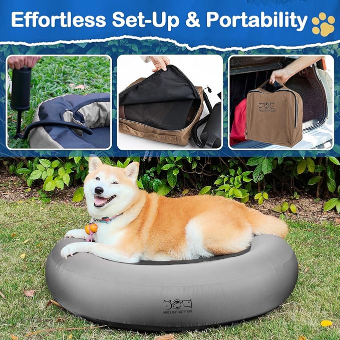 Elevated Dog Bed,Inflatable Dog Bed Raised,Pet Cushion Sofa for Medium Dogs,Portable Dog Cot Doughnut Round Stand,Waterproof Dog Bed Frame for Indoor,Outdoor(Grey)