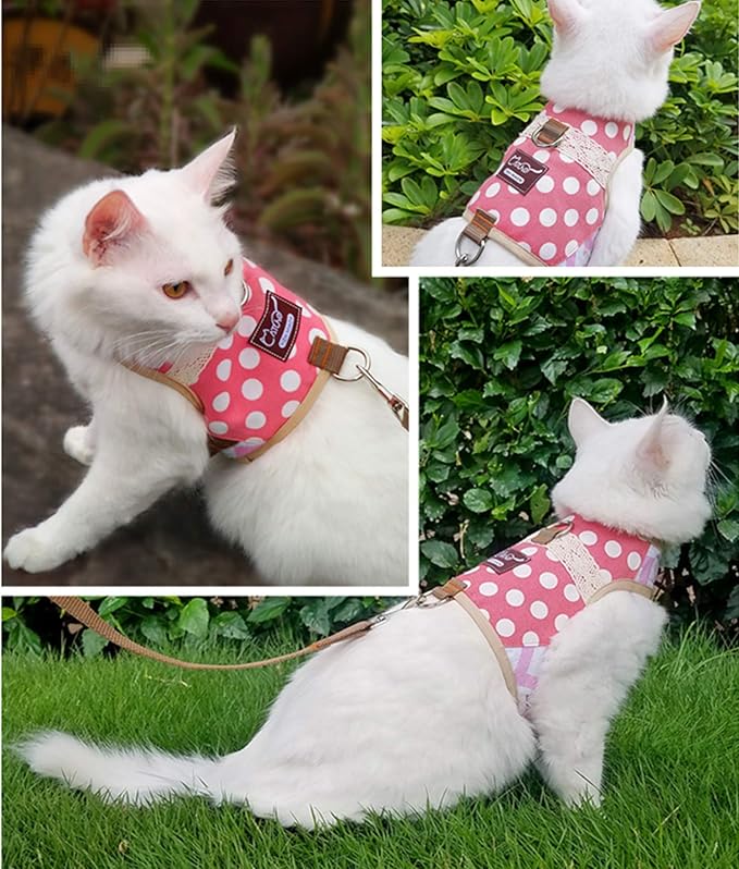 Cat Harness and Leash for Walking Escape Proof, Adjustable Cat Vest Harness, Padded Stylish Cat Walking Jackets, Polka Dot Pink, Extra Large