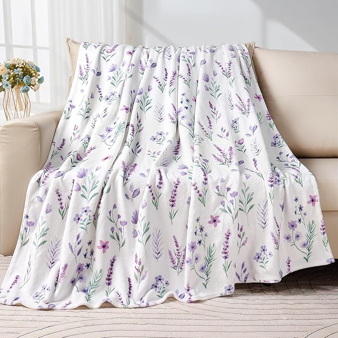 Purple Lavender Floral Throw Blanket Flower Botanical Throw Blankets Ultra Soft Cozy Flannel Throw Blanket Lightweight Fleece Fuzzy Plush Throw Blankets for Bed Chair Couch 60" X 80"