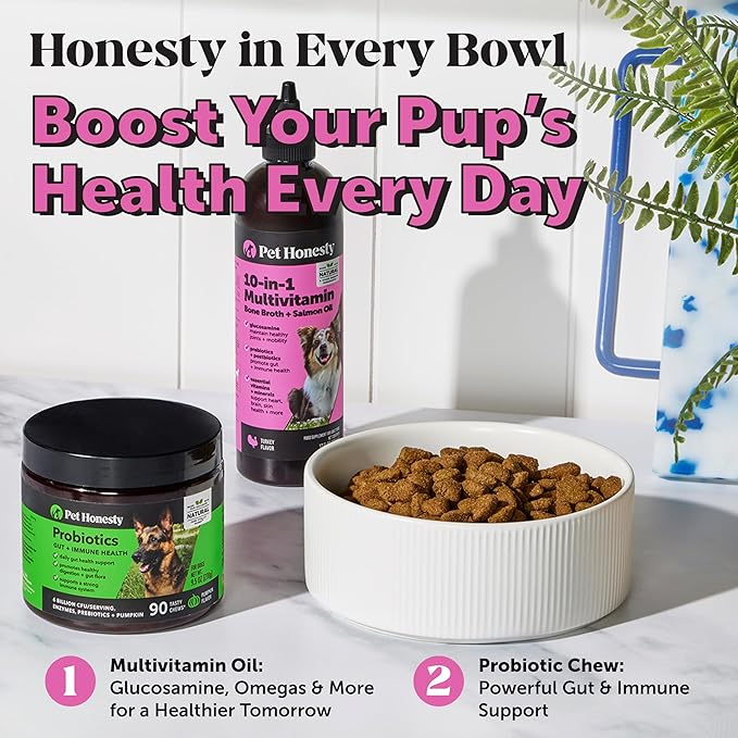 Pet Honesty Dog Multivitamin Supplement with Salmon Oil for Dogs - Allergy Itch Relief, Digestion, Skin & Coat Health, Liquid Supplement - Dog Food Topper Bone Broth with Prebiotics (12 oz)