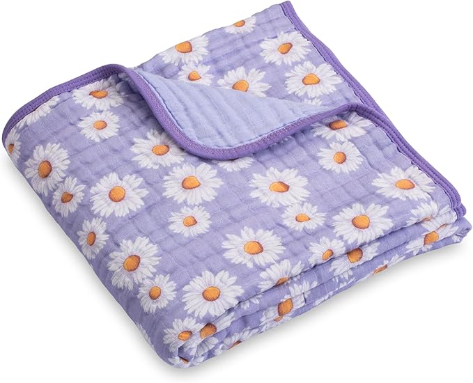 LollyBanks Muslin Baby Blanket 100% Cotton, Muslin Quilt Lightweight, Muslin Blanket for Girls, 6 Layers Baby Blankets 47"x 47", Soft Nursery Receiving Blankets Baby Essentials (Daisy Print)