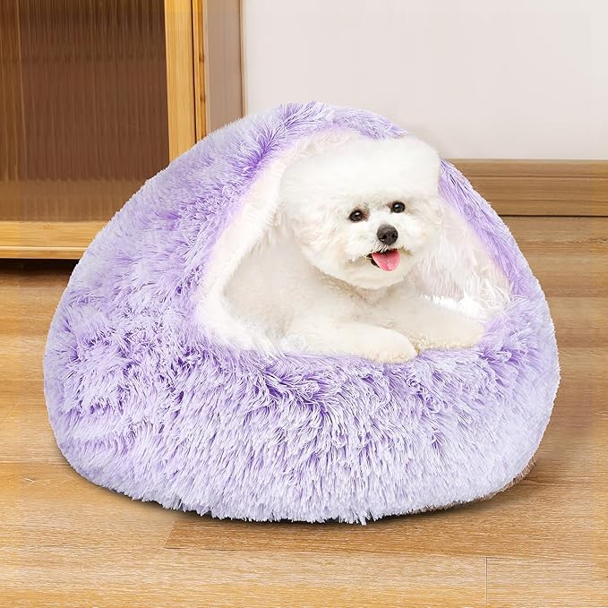 NOYAL Dog Bed Round Hooded Plush Cat Cave Donut Anti Anxiety Fluffy Dog Bed for Small Medium Dog and Cat