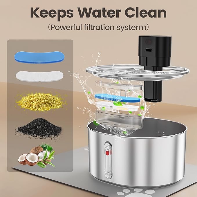 Pumpless Cat Water Fountain with 3 Filter - 3.2l/108oz Wireless Stainless Steel Pet Water Fountain, Cordless Automatic Dispenser, Battery Operated Fountain with Motion Sensor, Ultra Quiet