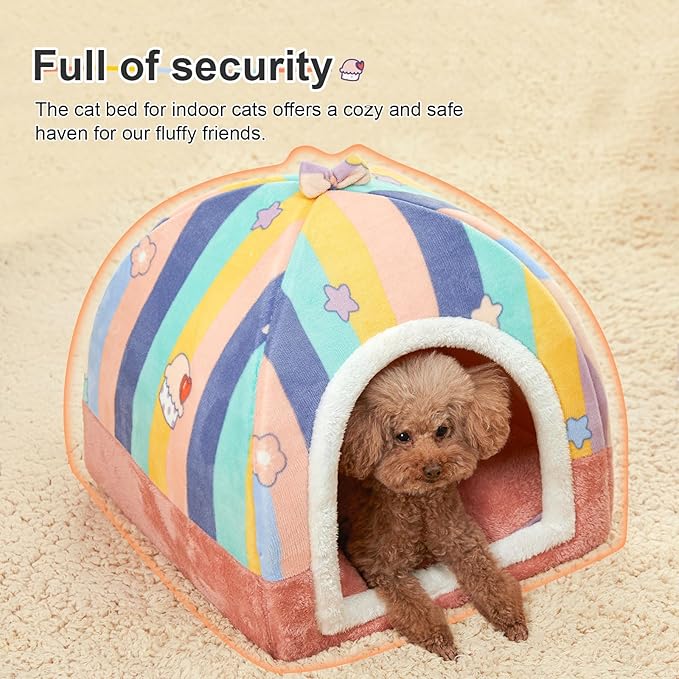 Jiupety Cute Cat House for Large Cat, Cat Beds for Indoor, 2-in-1 Cat Cave Bed, Large Cat Bed Cat Hideaway, Large, Rainbow.
