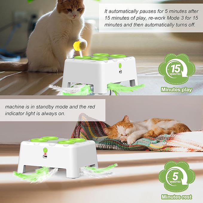 Cat Toys, Interactive Cat Toys, 2-in-1 Automatic Cat Toy, 4 Holes Mice Whack A Mole Cat Mouse Toy with Moving Feather, Portable USB Rechargeable Electronic Kitten Toys (White)