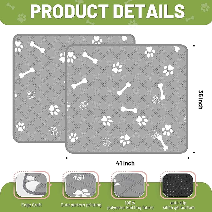 PatiencET Washable Pee Pads for Dogs, 36'' x 41" Reusable Puppy Pads with Super Absorbent, 2 Pack Large Potty Buddy with Waterproof Bottom for Pet Training, Housebreaking and Incontinence