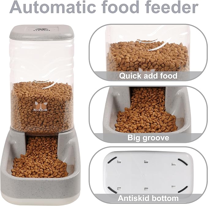 Elevon Automatic Cat Feeder, Gravity Food and Water Dispenser Bowl Set for Small Medium Dogs Animals, Pet Feeder Dispenser Storage Food, 3.8L Large Capacity, White & Gray