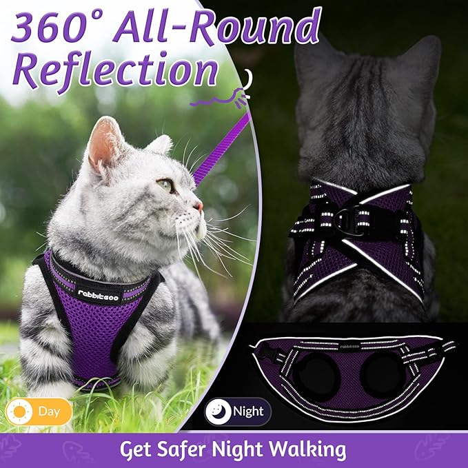 rabbitgoo Cat Harness and Leash Set for Walking Escape Proof, Adjustable Soft Kittens Vest with Reflective Strip for Cats, Comfortable Outdoor Vest, Purple, S