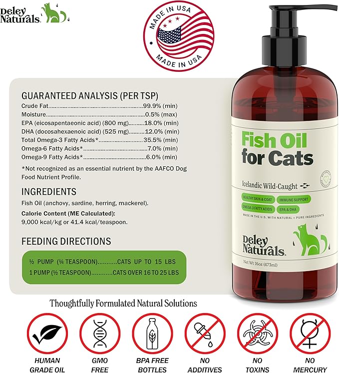 Deley Naturals Wild Caught Fish Oil for Cats with Omega 3 6 9 - Cat Fish Oil with Highest EPA & DHA Potency - Omega 3 for Cats to Reduce Shedding & Support Skin, Coat, Joints, Heart & Immune System