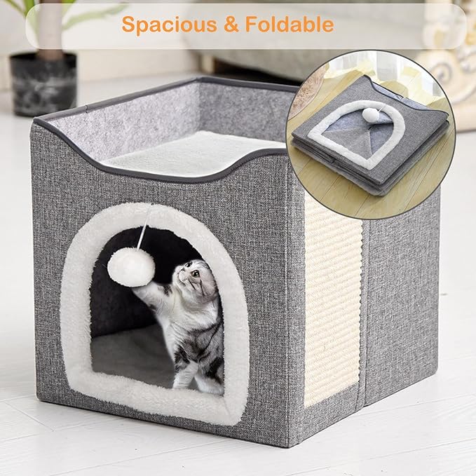 Heated Cat Bed Indoor w/ 12V Electric Heating Pad, Thermal Warming Heated Pet Bed House for Indoor Cats w/Scratching Post, Covered Cat Cave Beds & Furniture Foldable Cat Hideaway, 24x16x15