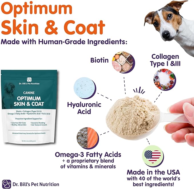 Dr. Bill’s Canine Optimum Skin & Coat (340g) – Fish Oil Omega-3 Fatty Acids Dog Supplement with Biotin, Type I & III Marine Collagen, Hyaluronic Acid & Folic Acid