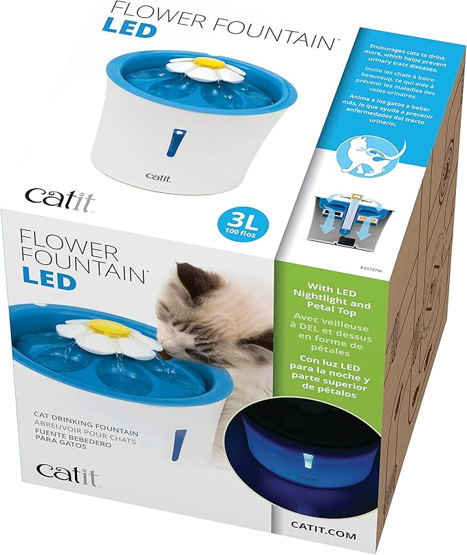 Catit LED Flower Fountain with Triple Action Filter, Cat Drinking Water Fountain, Blue, 3 L