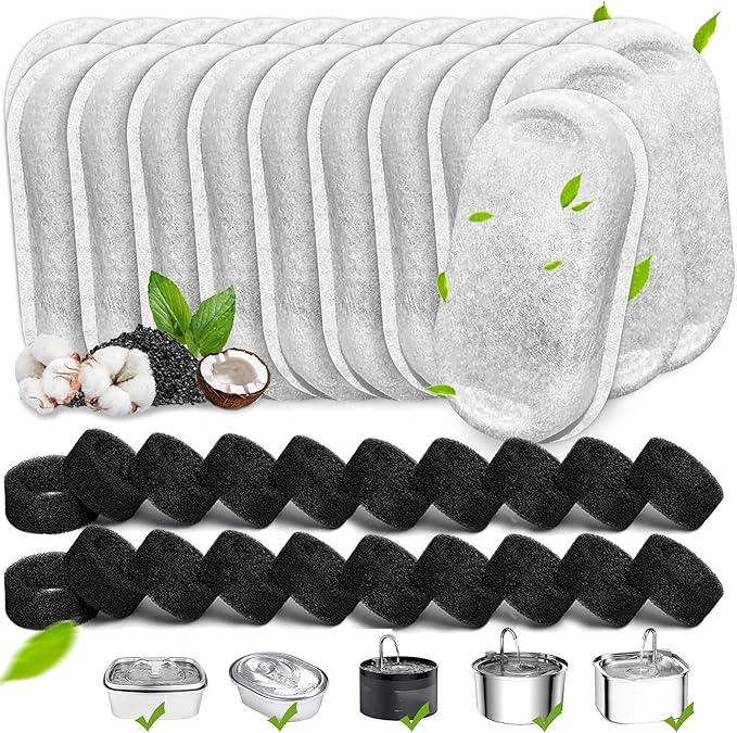 Cat Water Fountain Filters, 40 Pack Cat Fountain Replacement Filters for Stainless Steel 67oz/2L& 108oz/3.2L adjustable Water Flow Pet Water Fountain,Dog Water Fountain Filters(20 Filters& 20Sponges)