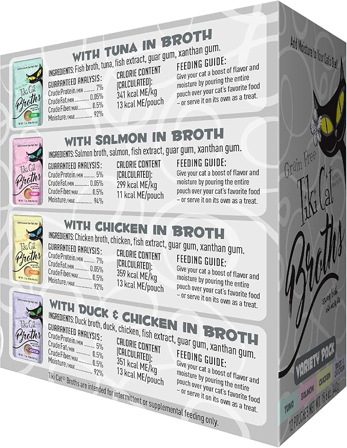 Tiki Cat Born Carnivore Broths Variety Pack, Meaty Bites, Hydration and Flavor Supplement Wet Cat Food Topper, 1.3 oz. Pouch (Pack of 12)