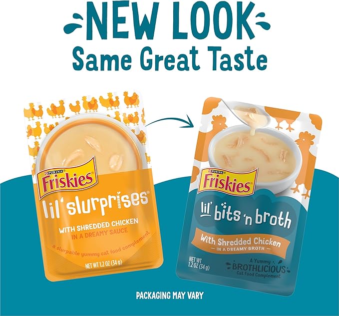 Purina Friskies Lickable Cat Treats Bits ‘n Broth With Shredded Chicken in a Dreamy Broth - (Pack of 16) 1.2 oz. Pouches