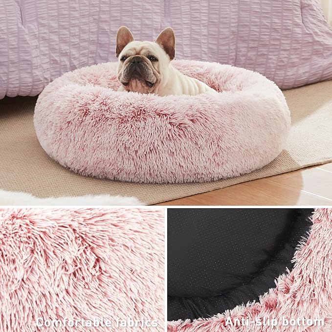 Love's cabin 20in Cat Beds for Indoor Cats - Cat Bed with Machine Washable, Waterproof Bottom - Fluffy Dog and Cat Calming Cushion Bed for Joint-Relief and Sleep Improvement, Pink