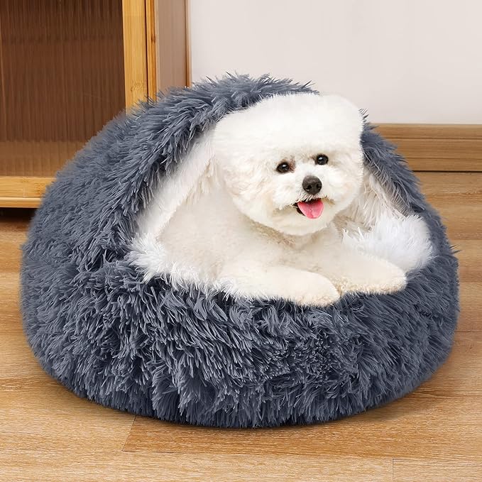 NOYAL Dog Bed Round Hooded Plush Cat Cave Donut Anti Anxiety Fluffy Dog Bed for Small Medium Dog and Cat