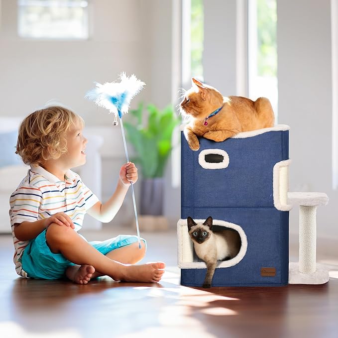 YITAHOME 2-Tier Cat House, Indoor Cat Cave Bed Playhouse, Cat Tunnels with Scratch Pad and Hideaway Cube, Cute Modern Cat Condo Furniture for Multi Small Cats, Extended (Blue)