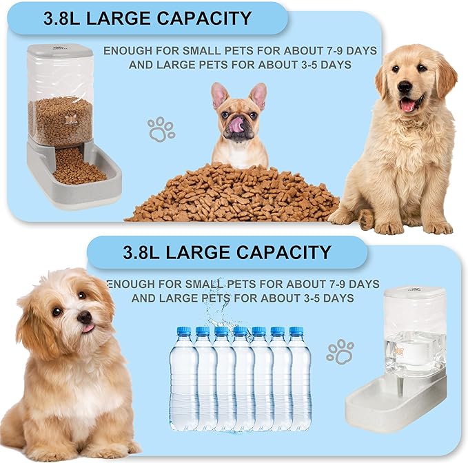 Elevon Automatic Cat Feeder, Gravity Food and Water Dispenser Bowl Set for Small Medium Dogs Animals, Pet Feeder Dispenser Storage Food, 3.8L Large Capacity, White & Gray